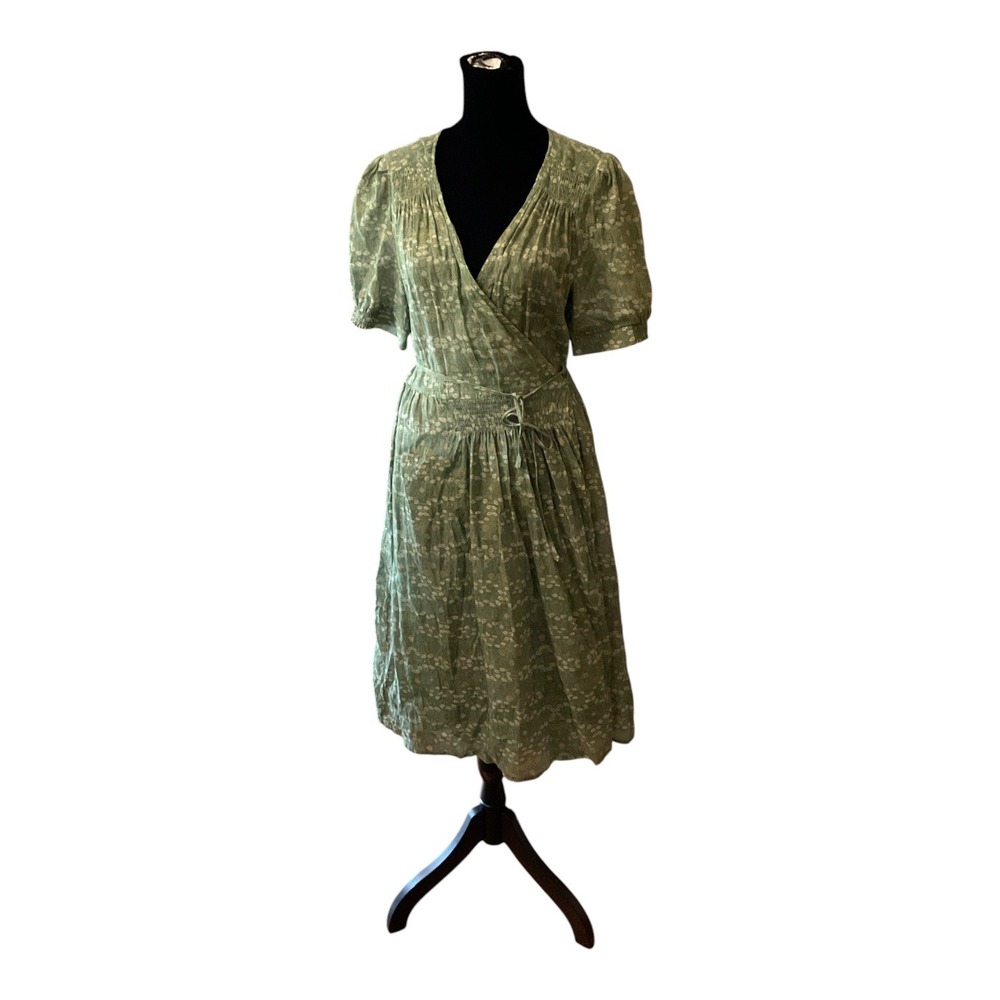 THEKorner Green Floral Wrap Midi Dress Smocked Waist Puff Sleeve Womens Size M